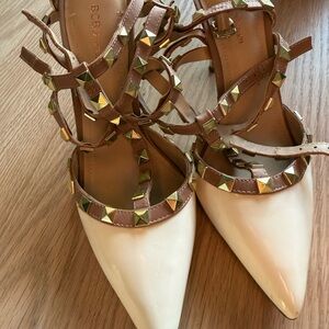 BCBG Cream and Tan Studded Pointed-Toe Heels